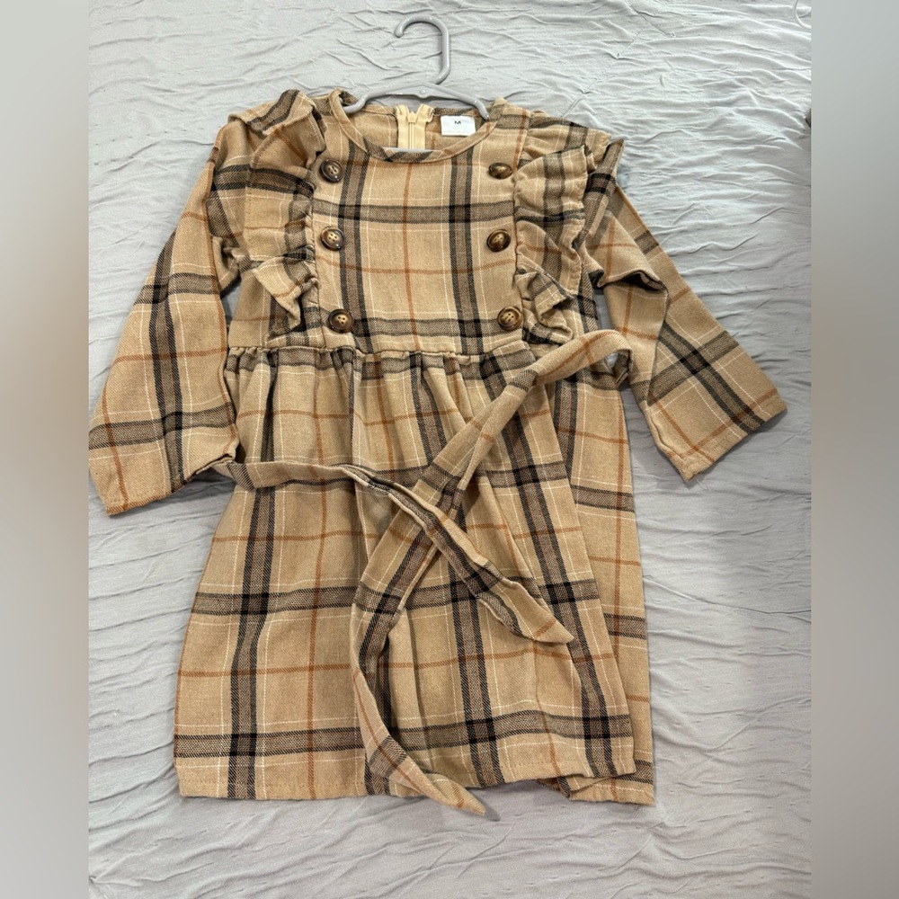 Plaid Ruffle Kids Dress - Tan and Brown